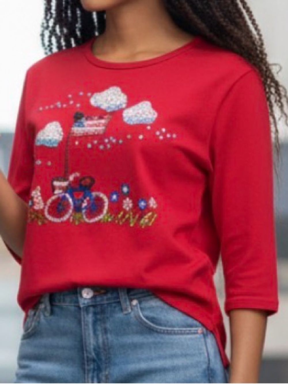 Quacker Factory Red 3/4 Sleeve Top w Bicycle & US Flag Made of Sequins & Beads